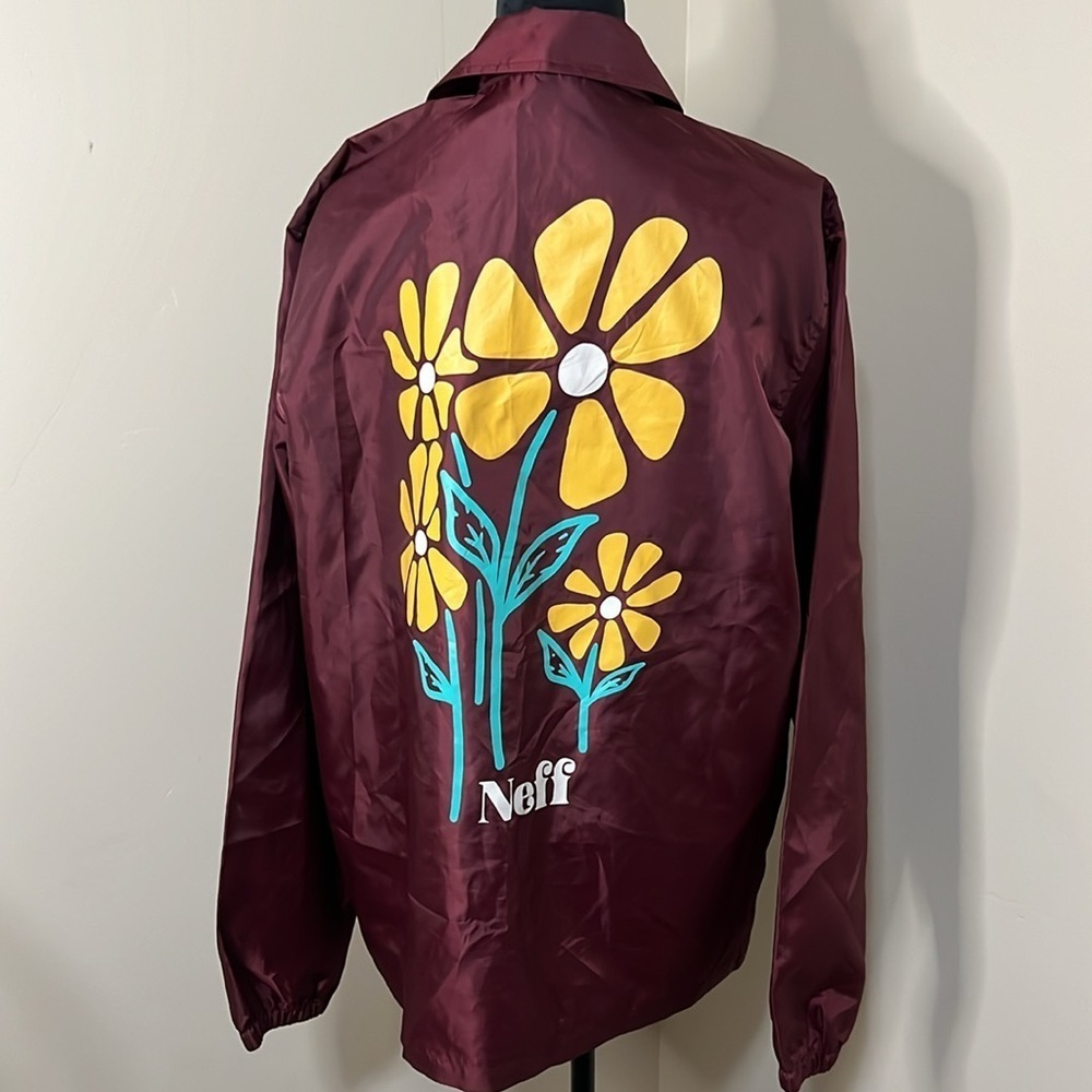 Neff Jacket Burgundy Snap Floral Windbreaker Skater Long Sleeve Men’s Size L - Picture 3 of 7